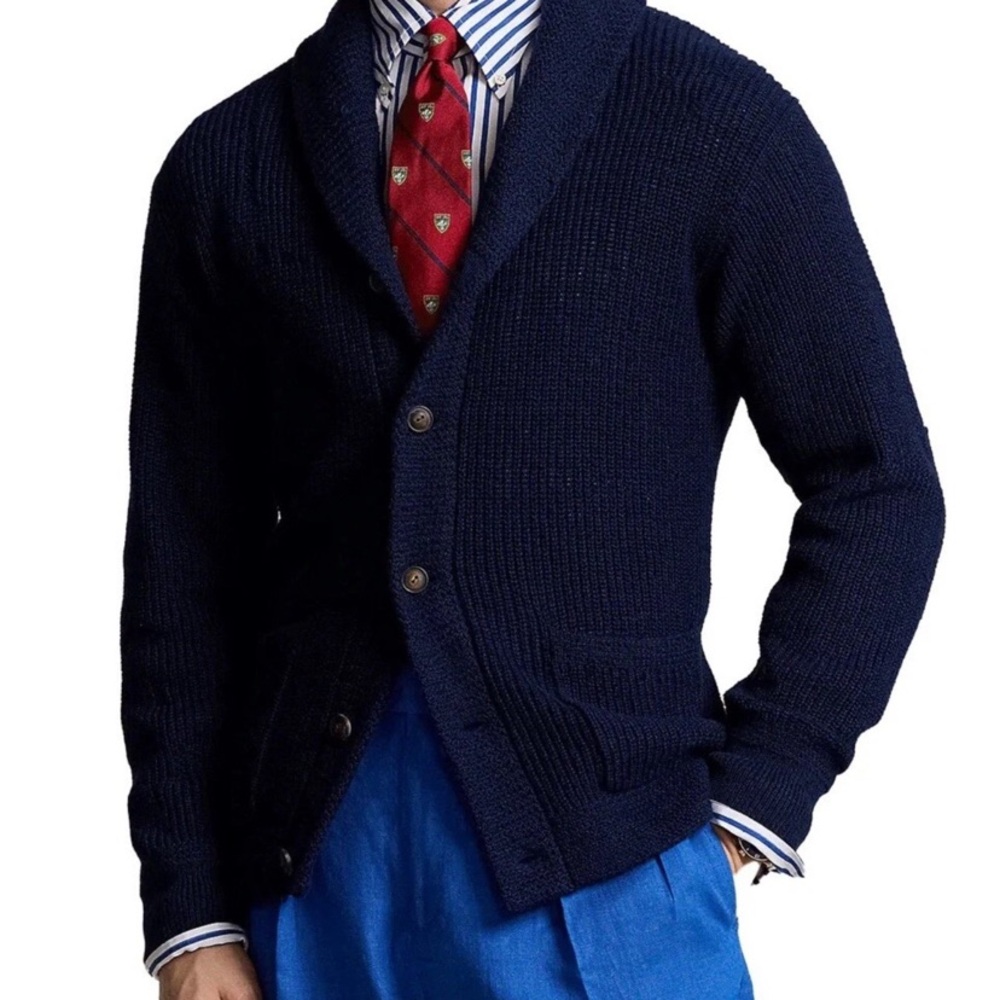 Polo Ralph Lauren Cardigan Shawl Collar Chunky Knit Blue Sweater Mens Size XXL - Picture 5 of 5